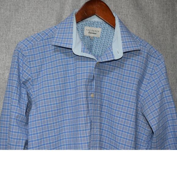 Ted Baker Blue Check Cotton Button-Up Shirt 15.5 - Picture 2 of 4